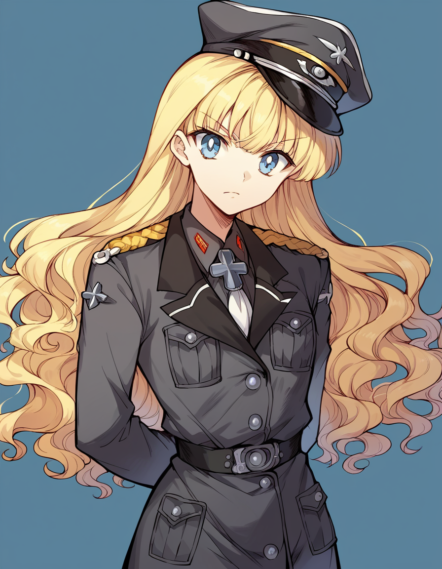 score_9, score_8_up, score_7_up, source_anime, <lora:retia-adolf-ponyxl-lora-nochekaiser:1>, retia adolf, blue eyes, blonde hair, wavy hair, bangs,, gloves, hat, military uniform, peaked cap, zettai ryouiki, hands behind back, solo,, cowboy shot,