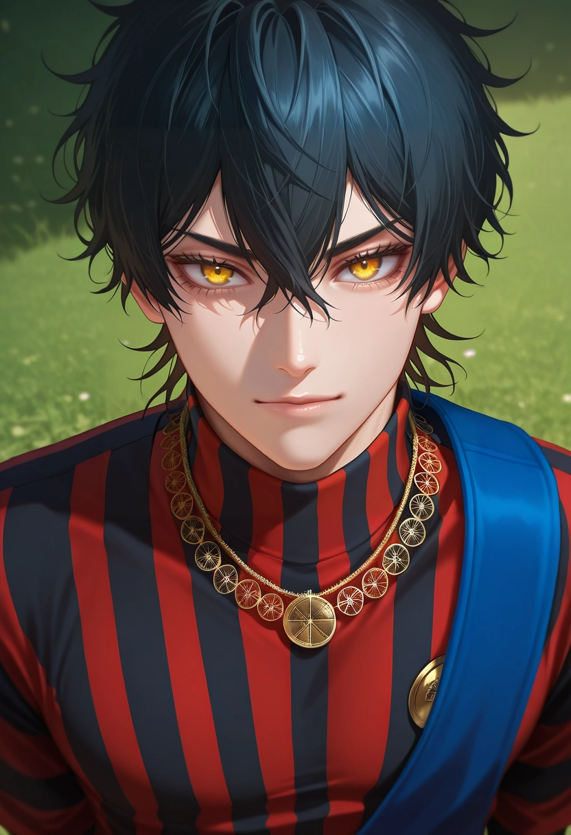 masterpiece, best quality, intricate details, (photorealistic:0.6), looking at viewer, 1boy, solo, male focus, <lora:yuno_black_clover_ilxl:0.94>, yuno_black_clover, black hair, yellow eyes, short hair, hair between eyes, , , Chinos, Striated Tweed Crimson Striped Henley shirt, , , Nameplate necklace