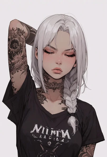 score_9, score_8_up, score_7_up, high detailed, high quality, masterpiece, no text, quality highlights, 8k detail, detailed background, source_anime, dynamic view, hentai, ultra-detailed,
...
1girl, solo, female focus, expressiveh,
(white hair), (long braid hair), ((white skin)),
black eyes, ((black tattoos)), seductive, gorgeous, collarbone,
(perfect slender body), thick lips, (small breasts), (incredibly sexy),
...
closed eyes, closed mouth,
upper body, front view, hand behind head,
((black t-shirt)),
((band logo on t-shirt)), serious expression,
...
((white flat background))