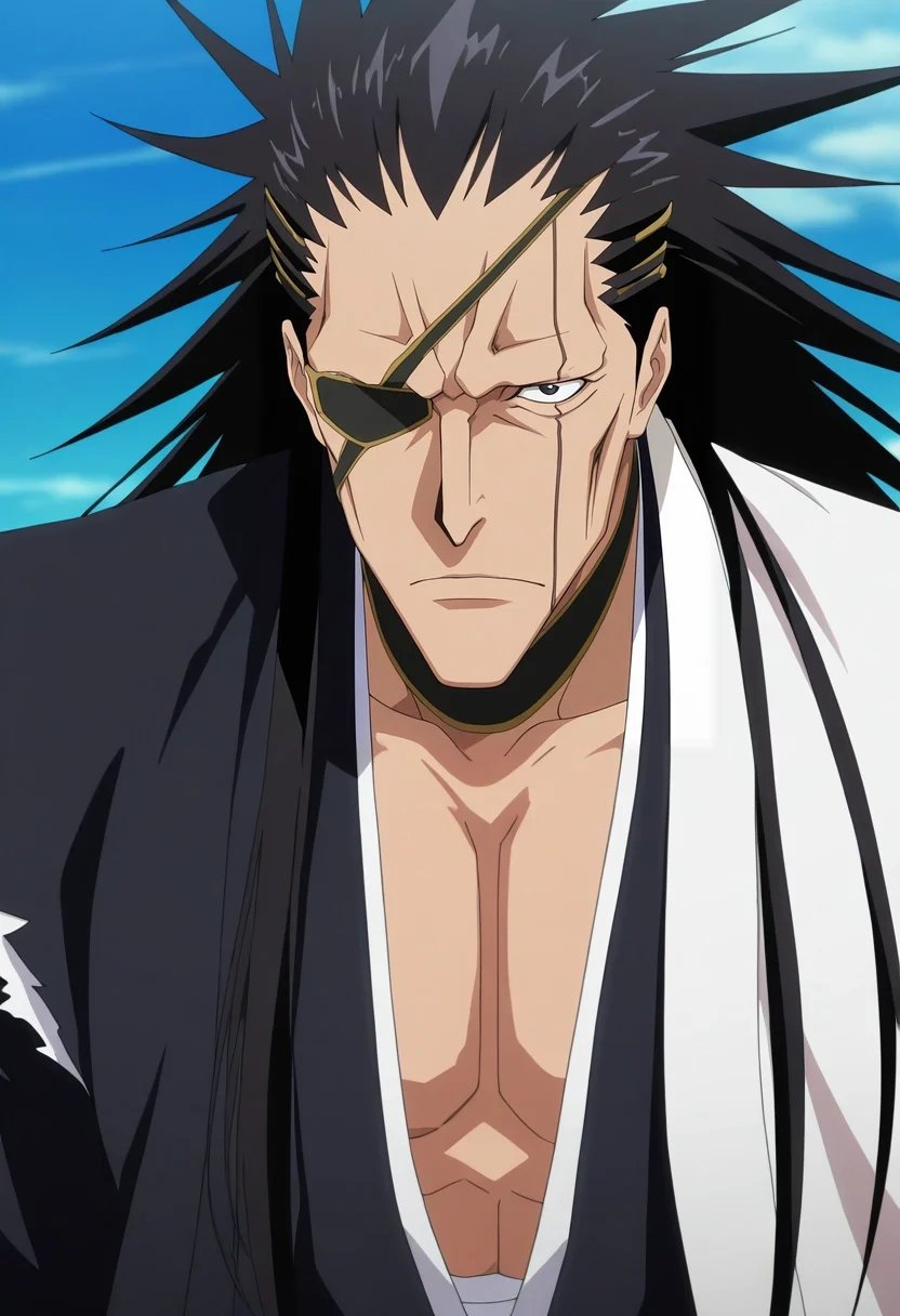 masterpiece, best quality, intricate details, anime screencap, anime coloring, official style, , , 1boy, solo, male focus, <lora:kenpachi_zaraki_ilxl:0.9>, kenpachi_zaraki, black hair, black eyes, long hair, japanese clothes, eyepatch, sword, , ,