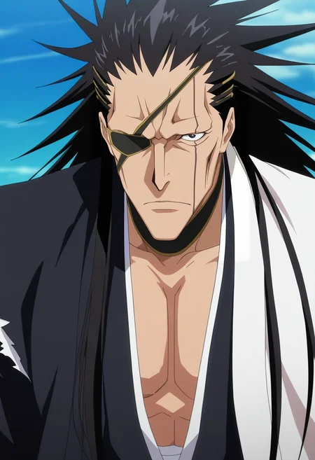 masterpiece, best quality, intricate details, anime screencap, anime coloring, official style, , , 1boy, solo, male focus, <lora:kenpachi_zaraki_ilxl:0.9>, kenpachi_zaraki, black hair, black eyes, long hair, japanese clothes, eyepatch, sword, , ,