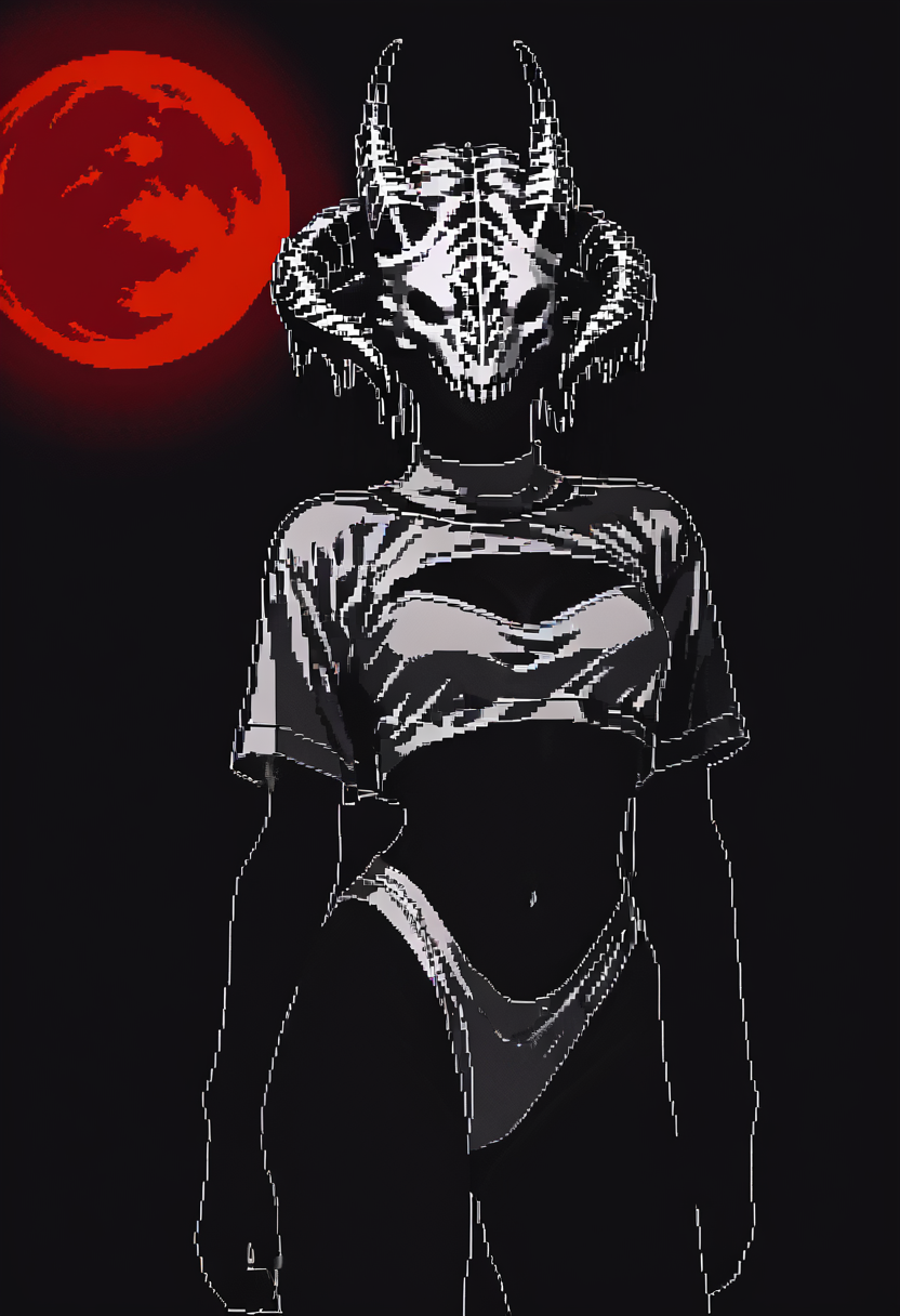 <lora:Pixel_BW_Style_ES_-_PonyXL:0.8> esbws, pixel art, black background, white outline, black body, high contrast, monochrome,red moon,horns,, score_9, score_8_up, score_7_up, score_6_up, score_5_up,