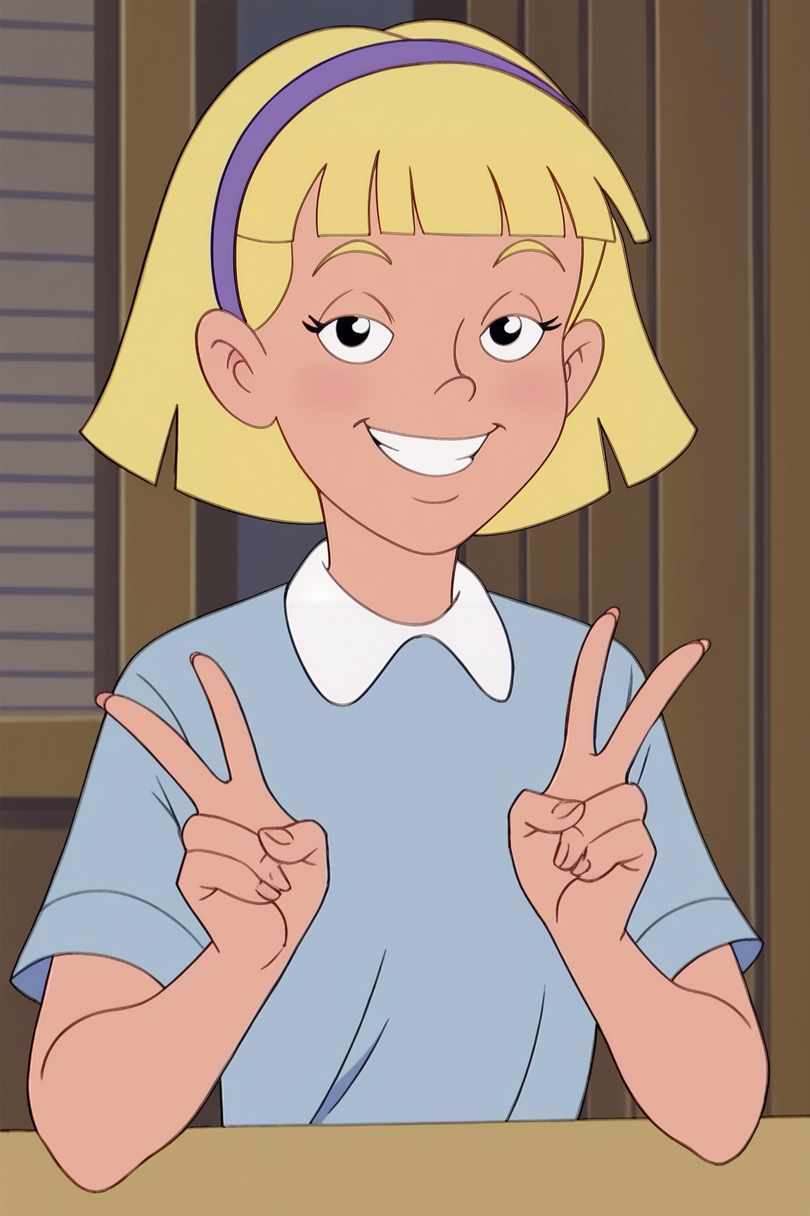 score_9, score_8_up, score_7_up, score_6_up, BREAK, AnnikaSPLXL, retro artstyle, blonde hair, short hair, blunt bangs, purple hairband, female child, flat chest, white collar shirt, blue shirt, short sleeves, solo, front view, peace sign, (portrait, upper body), solo focus, seductive smile, looking at viewer, indoors <lora:AnnikaSPLXL:1>