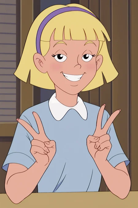 score_9, score_8_up, score_7_up, score_6_up, BREAK, AnnikaSPLXL, retro artstyle, blonde hair, short hair, blunt bangs, purple hairband, female child, flat chest, white collar shirt, blue shirt, short sleeves, solo, front view, peace sign, (portrait, upper body), solo focus, seductive smile, looking at viewer, indoors <lora:AnnikaSPLXL:1>