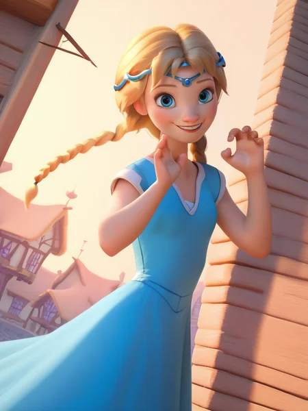 score_9, score_8_up, score_7_up, 1girl, looking at viewer, cowboy shot, dynamic pose, cute, solo, dutch angle, smile, :D, detailed background, cute pose, wide shot, town, village,
<lora:WitchElyonBrown_character:0.8>, ElyonBrown, twin braids, blonde hair, long hair, blue eyes, dress, circlet, <lora:DisneyStudios_style:1> DisneyStyleXLP, cartoon, cute, cinematic,