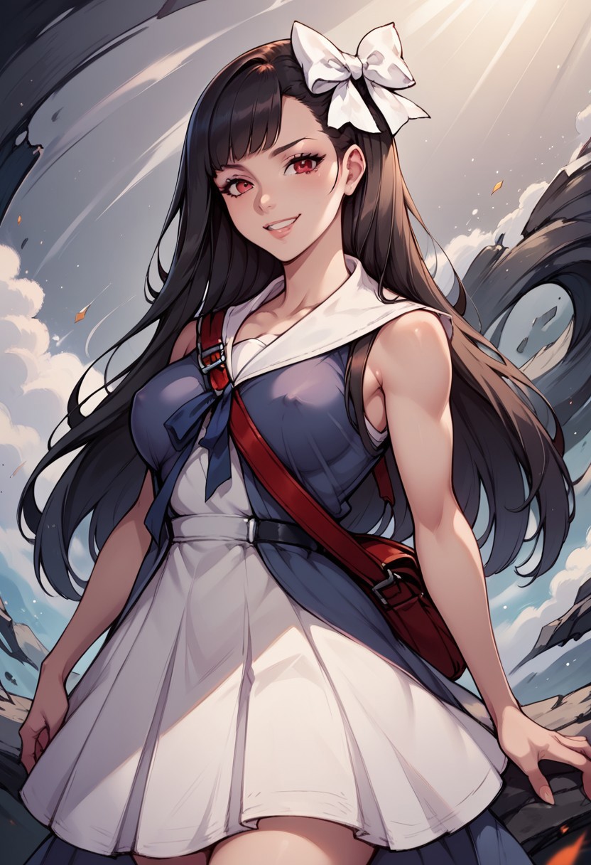 LouiseNR, 1girl, solo, black hair, long hair, bangs, red eyes, white bow, hair bow, lips, pale skin, red bag, sleeveless dress, white dress, dress ornament,  white sailor collar, breast, ribbon, shoulder bag, white footwear,
seductive pose, sexy pose, tease,  in the spotlight,,
smile,
score_9, score_8_up, score_7_up, beautiful aesthetic, very intricate, high quality details,vibrant, highly detailed, award-winning, professional,anime artwork, anime style, studio anime, athletic, curvy body, athletic girl, perky tits,large breast,perfect tits, round breasts, nipple outline,looking at viewer, pinup pose,teasing, dynamic lighting, cinematic, smug, better than you, aura of temptation, highly detailed, high resolution, masterpiece, detailed clothes, detailed background, highly detailed, ((sound effects)) comic layout,