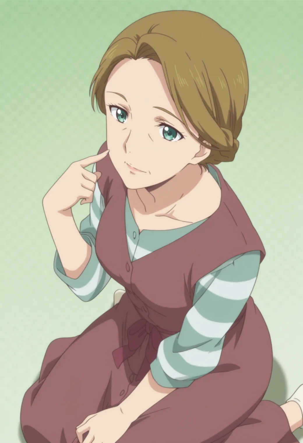anime screencap, anime coloring, 1girl,  solo,   <lora:DX888Tachibana:1> tachbana tsukiko, green eyes, brown hair, mature female,wrinkled skin , folded braid BREAKpink dress, green dress, pinafore dress, striped dress, long dress BREAK green background, checkered background, BREAK dutch angle,  from above, from side, dynamic pose, posing,  , light smile,   wariza, pointing at self,