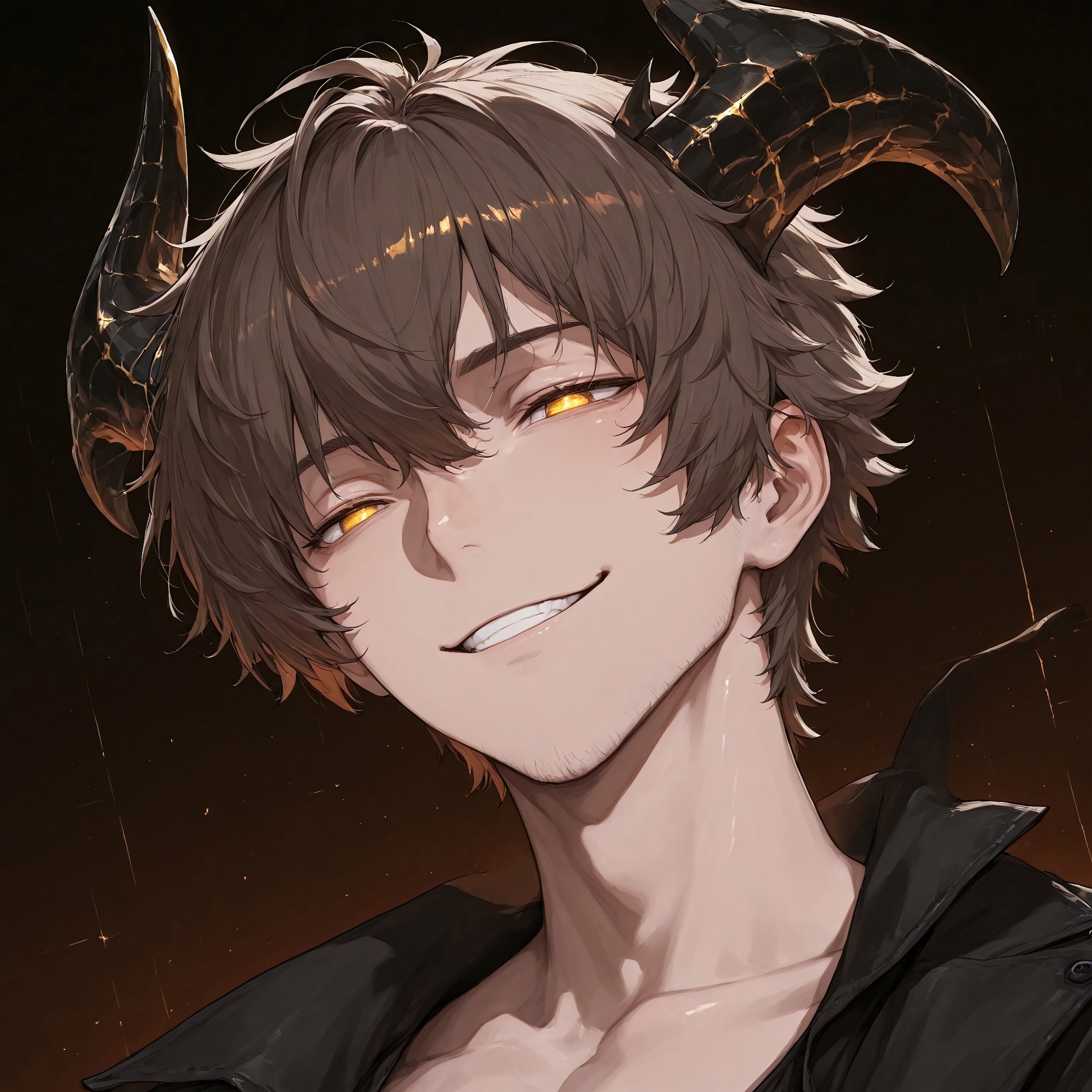 Very Aesthetic, masterpiece, best quality, very awa, Avarice, painterly, 1boy, short hair, draconic horns, half dragon, portrait, golden eyes, shiny eyes, no pupils, handsome, brown hair, (golden scales:0.6), smiling, glimmering,