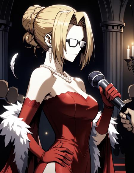 (No Face, No Eyes, no mouth:1.5), faceless, faceless_female, manhwastyle, BREAK,
holding microphone, solo,
(black-framed_eyewear:1.3), side_slit, single_hair_bun, blonde_hair, BREAK,
red elbow_gloves, bare_shoulders, pearl_necklace, pearl_earrings, pearl_hair_ornament, red strapless_dress, (white feather_boa:1.15), 
mansion, standing, hand_on_hip, looking_afar, from_side