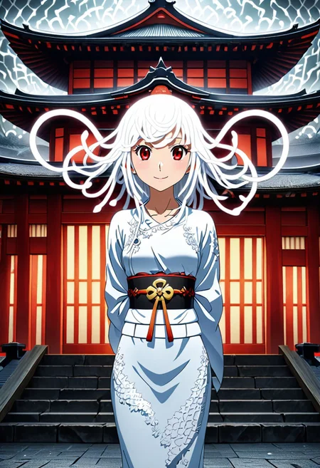 source anime, anime style, official art, "Sengoku Nadeko wrapped by a pale white snake around her, glowing under soft, eerie lighting, surrounded by detailed scales, mixed with a surreal and unsettling atmosphere, photorealistic textures." white_hair, red_eyes, medium_hair, snake_hair, WHITE DRESS, looking at viewer, beautiful smile, japanese shrine, <lora:SDXLFaeTastic2400:0.4> <lora:extremely_detailed:0.4> extremely detailed, <lora:sn4ke:1>,sn4ke, Masterpiece,best quality,hi res,8k,hi res,8k,award winning,(sharp focus, intricate, highly detailed), rating:safe