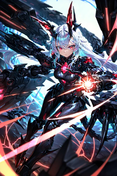 fc_mechanical_full_armor, 1girl, solo, cinematic angle, looking at viewer, dragon horn, mechanical wings, crystal dragon girl, Red eyes, Ruby crystals, shoulder armor, glowing Line, energy cannon, black claws, Artillery, full armour, mechanical arms, harp focus, dynamic lighting, Depth of field,  4k wallpaper, mechanical parts, exhaust, [(pattern background:1.2)::0.2], (science_fiction background:1.2), masterpiece, best quality, amazing quality, very aesthetic, absurdres, highres, newest, intricate details, high contrast, eyelashes, brilliant skin, shiny skin, perfect hand,fc_mechanical_full_armor,gitantic long mechanical twin cannon, <lora:illustrious_quality_modifiers_masterpieces_v1:1> <lora:enhancerV4-pony:1> <lora:Futtora's_Crystal_Dragon_Full_armor001:1>