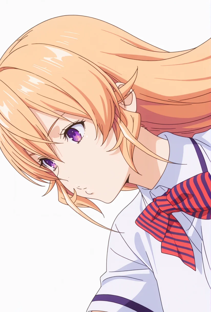 Smooth Quality,masterpiece,very intricate, high quality details, ultra realistic, high detailed skin,detailed enviorement,absurdres,
simple background, white background,solo,dancing, wind,
sideways,o3o,
<lora:FoodWCNN:0.8> foodwarstylecnn,
erina_cnn, nakiri erina, 1girl, blonde hair, long hair, purple eyes, hair between eyes, striped bowtie, collared shirt, school uniform, white shirt