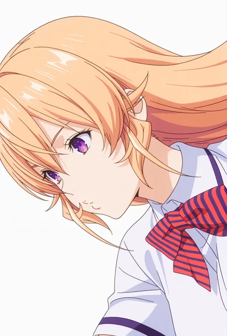 Smooth Quality,masterpiece,very intricate, high quality details, ultra realistic, high detailed skin,detailed enviorement,absurdres,
simple background, white background,solo,dancing, wind,
sideways,o3o,
<lora:FoodWCNN:0.8> foodwarstylecnn,
erina_cnn, nakiri erina, 1girl, blonde hair, long hair, purple eyes, hair between eyes, striped bowtie, collared shirt, school uniform, white shirt