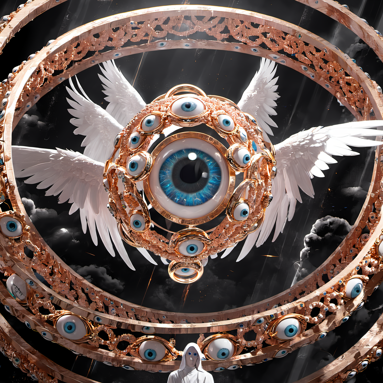 seraphins, mystical creature with hundreds of eyes and wings, with the shape of a giant ring, circular hoops around body, massive size, angelical lights <lora:Seraphins1.0-000038:0.8>