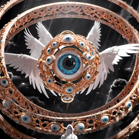 seraphins, mystical creature with hundreds of eyes and wings, with the shape of a giant ring, circular hoops around body, massive size, angelical lights <lora:Seraphins1.0-000038:0.8>