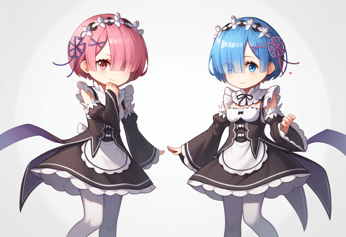 score_9,score_8_up,score_7_up,<lora:ram_rem_pony:1>,2girls,animated,blue_eyes,blue_hair,chibi,commentary,dancing,detached_sleeves,hair_ornament,hair_over_one_eye,hair_ribbon,light_smile,pantyhose,pink_eyes,pink_hair,ram_\(re:zero\),rem_\(re:zero\),roswaal_mansion_maid_uniform,short_hair,simple_background,sisters,the_monkey,twins,ugoira,white_background,white_legwear,