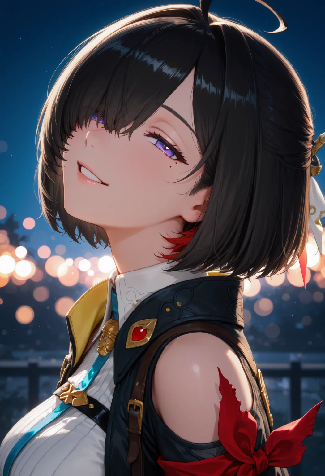 <lora:Char_Yumia_Liessfeldt:1>, purple eyes, hair over one eye, colored inner hair, black hair, red hair, bob cut, ahoge, mole under eye, hair ornament,
white dress, collared dress, short dress, chest strap, ribbed dress, corset,
multicolored jacket, two-sided jacket, black jacket, yellow jacket, shoulder cutout, red armband,
night, backlighting, bokeh, outdoors, from side, close-up, portrait, parted lips, half-closed eyes, head tilt, looking at viewer, smile, very awa, masterpiece, best quality, highres, absurdres