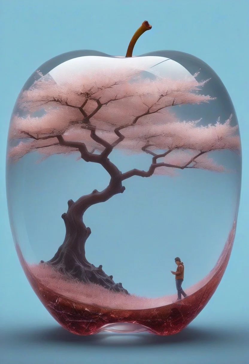 beautiful cherry blossom winter summer and spring fantasy world inside of a crystal apple, hyperdetailed double exposure fantasy illustration, masterpiece, cinematic, by Andreas Lie, Luke Gram, photorealism, backlit, gorgeous light, bioluminescent