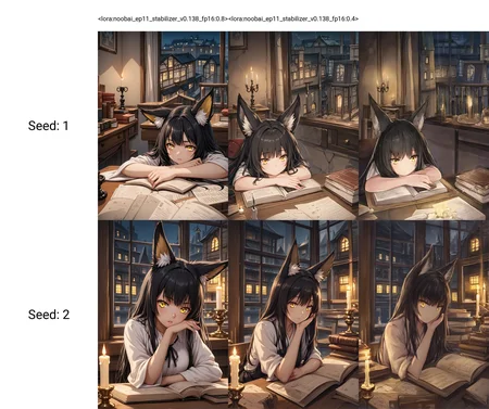 <lora:noobai_ep11_stabilizer_v0.138_fp16:0.8>1girl,fox girl,fox ears,black hair,long hair,yellow eyes,arm rest,candle,book,desk,night,town,window,masterpiece,
