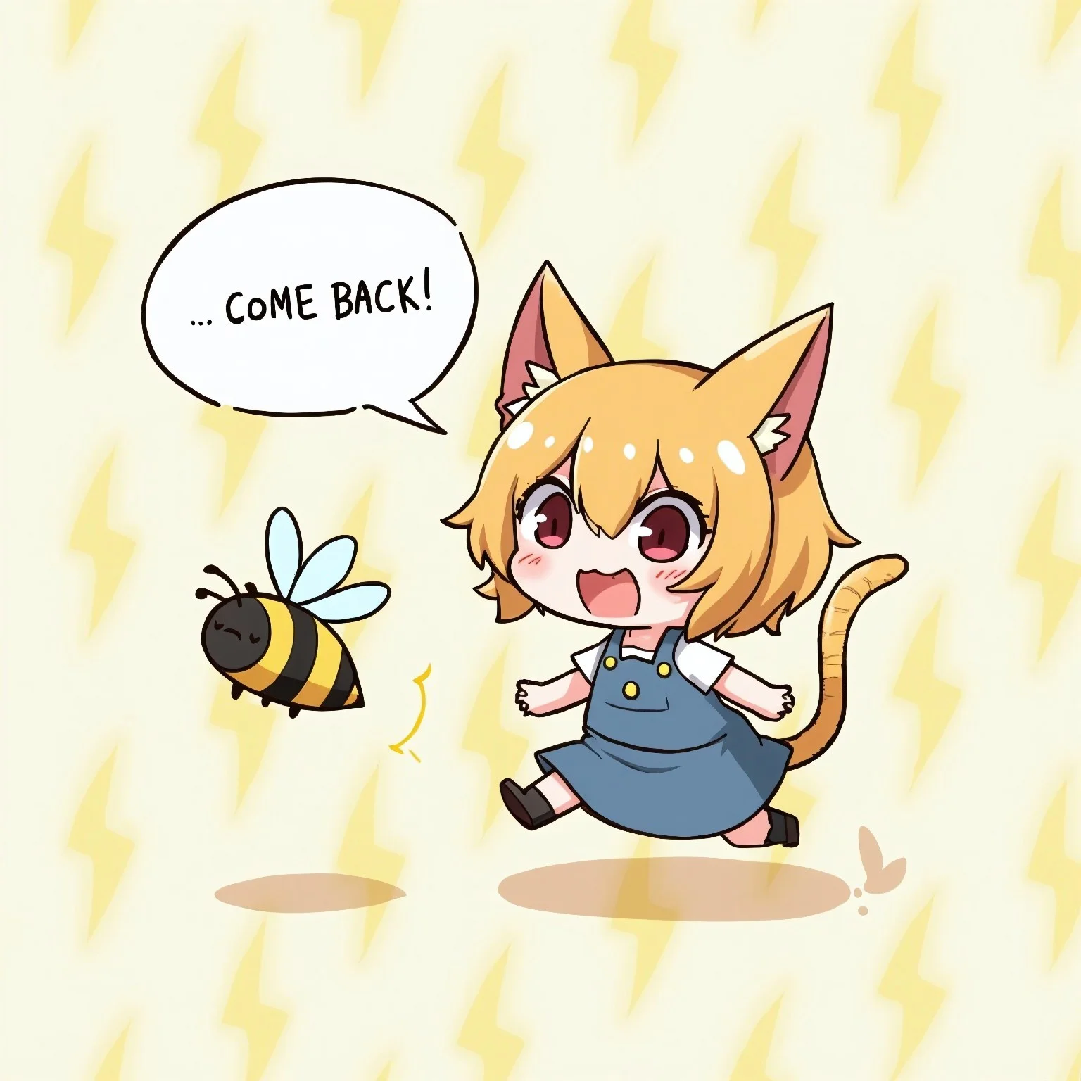 A charming and kawaii anime-style illustration of a chibi catgirl energetically chasing after a small bumblebee mid-flight as it escapes from her. The bumblebee is flying away from her. The catgirl's struggle is humorously depicted with cartoonish sweat drops flying off her as she reaches out, her expression a mix of determination and adorable frustration. A playful speech bubble hovers near her, exclaiming, "Come back!" The background is simple but enhanced with a repeating pattern of lively yellow lightning bolt symbols, adding a dynamic feel to the scene. The overall composition is simple but expertly balanced, clean and visually engaging while evoking a delightful, comical vibe that captures the humor and cuteness of this kawaii masterpiece.
