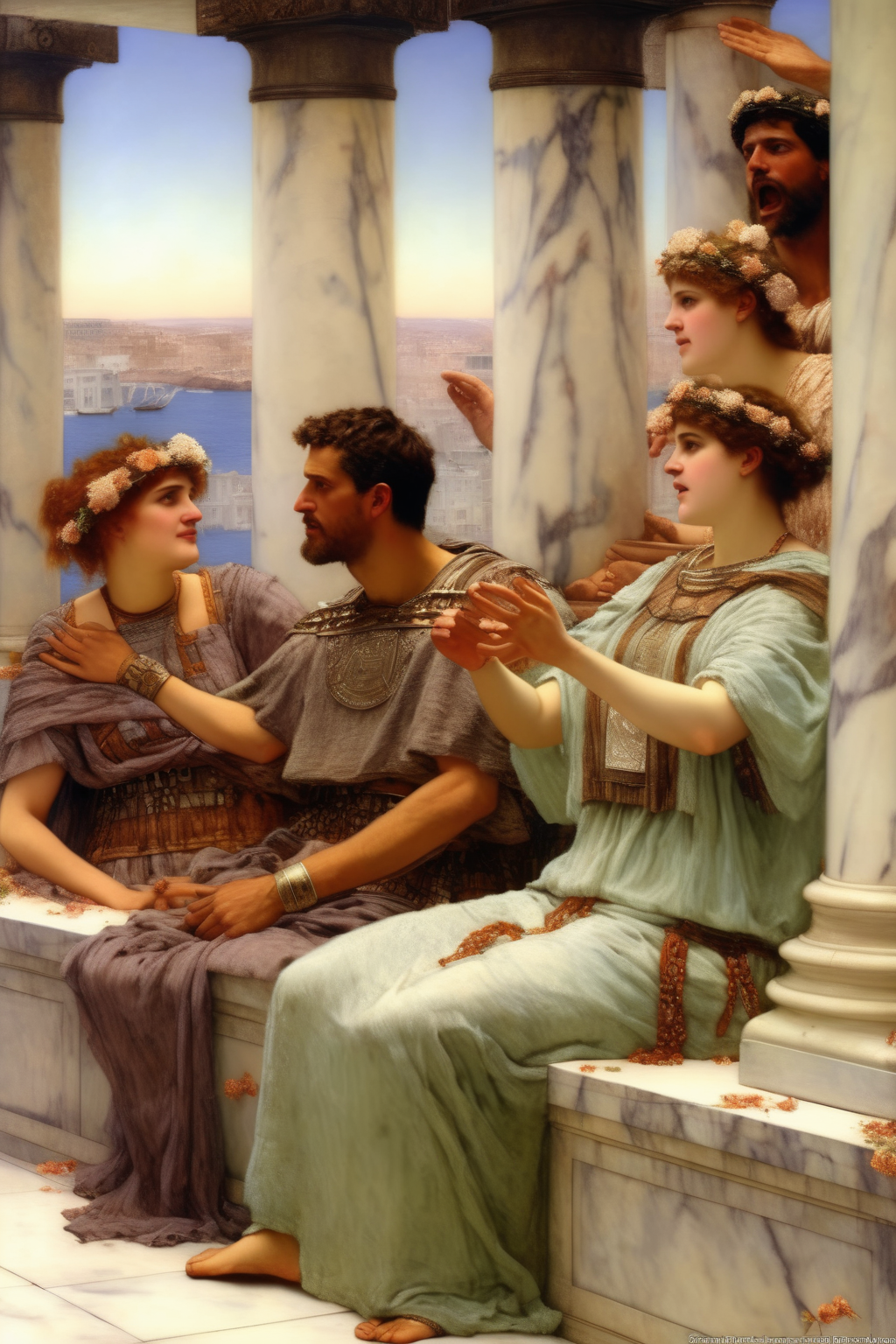 <lora:Lawrence Alma Tadema Style:1>Lawrence Alma Tadema Style - Men and women praise God Alma tadema style. subject realism Ancient Greece, artistic style Alma tadema realistic photo