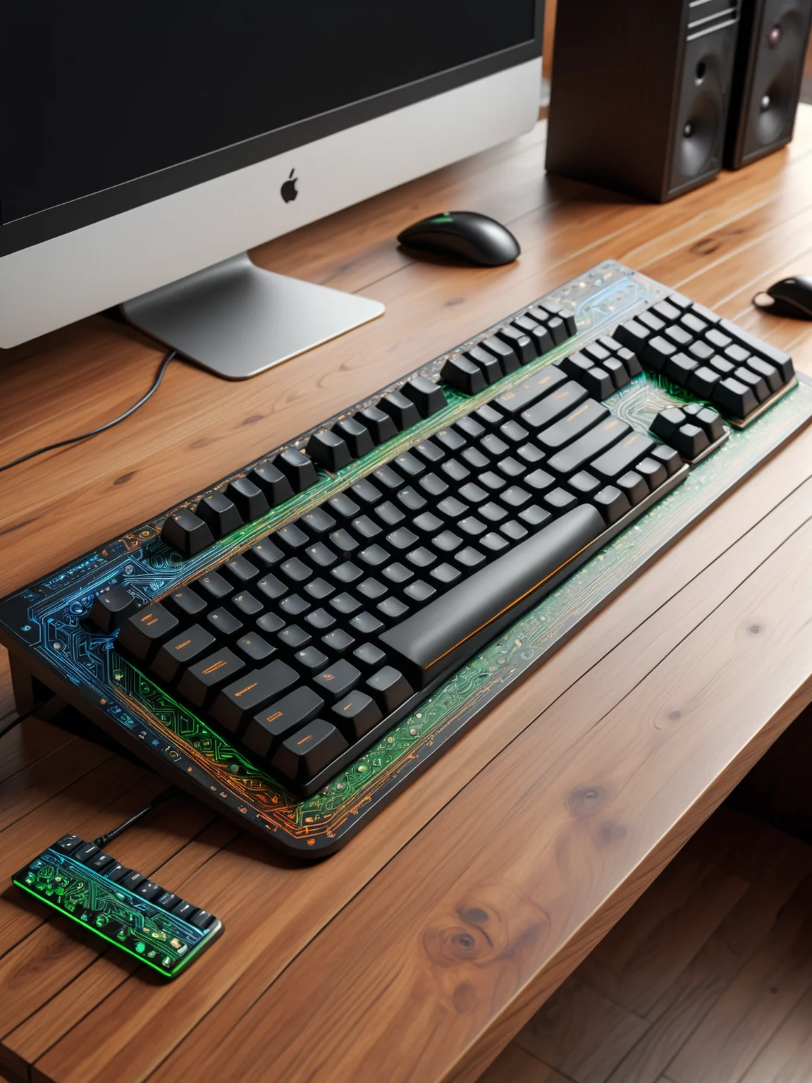 Computer with mad-circuit keyboard on wooden desk in office <lora:Colorful_Circuit_SDXL:0.4>, (masterpiece:1.2), best quality, (hyperdetailed, highest detailed:1.2), high resolution textures