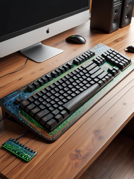 Computer with mad-circuit keyboard on wooden desk in office <lora:Colorful_Circuit_SDXL:0.4>, (masterpiece:1.2), best quality, (hyperdetailed, highest detailed:1.2), high resolution textures