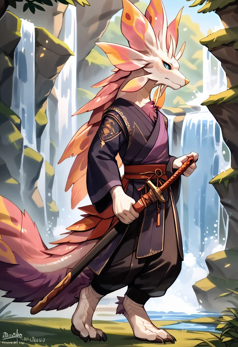 zPDXLscore_9,score_6_up,score_8_up,score_7_up,score_5_up,score_4_up,best quality, <lora:Mizutsune-XL-ADAM-V2-000035>, mizutsune, anthro, dragon, white scales, purple tail fur, male, solo, digitigrade, detailed tail, halfbody, black sclera, blue eyes, red eye shadow, tall, athletic, ronin clothes, sheathed sword, male black color kimono, black medieval pants, standing pose, badass pose, serious expression, waterfall river background, detailed background, view from side, semi-anime style