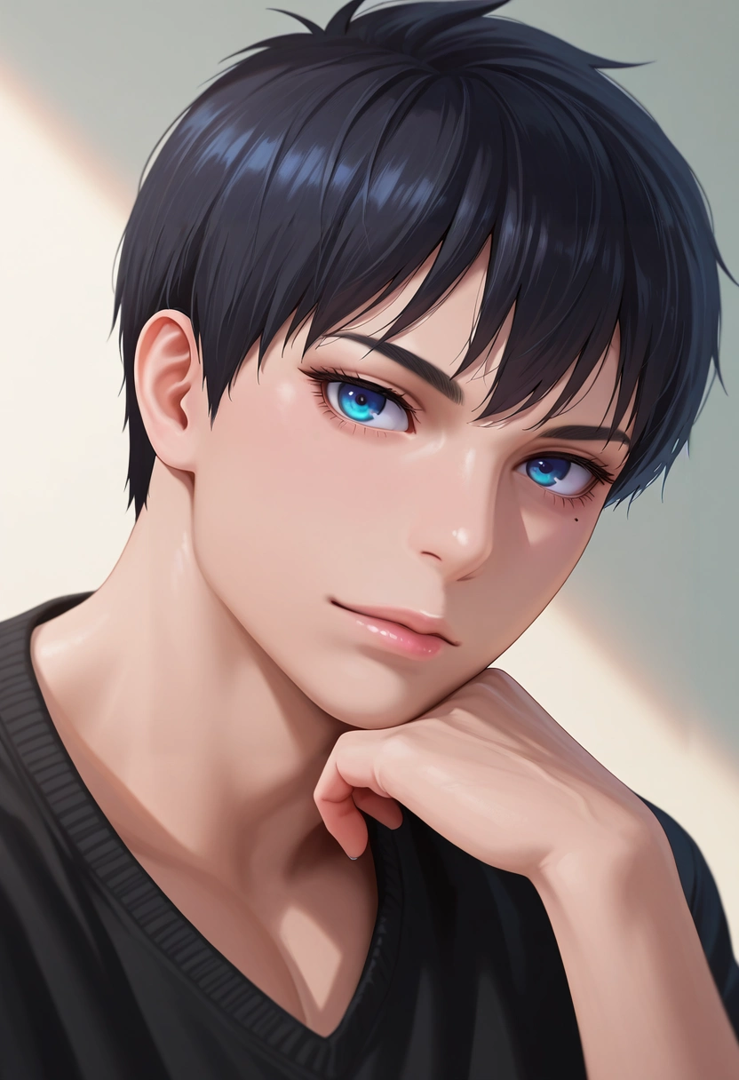 masterpiece, best quality, , (photorealistic:0.6), looking at viewer, 1boy, solo, male focus, <lora:yukio_okumura_ilxl:0.94>, yukio_okumura, black hair, blue eyes, mole, mole under eye, , ,