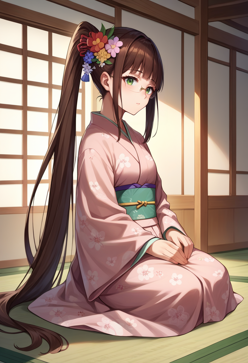 score_9, score_8_up, source_anime, 1girl, RuriMiyamoto, brown hair, bangs, very long hair, ponytail, green eyes, glasses, indoors, kimono, hair flower, floral print, wariza, sitting, kneeling, <lora:ChamRuriMiyamotoPonyXL:1>