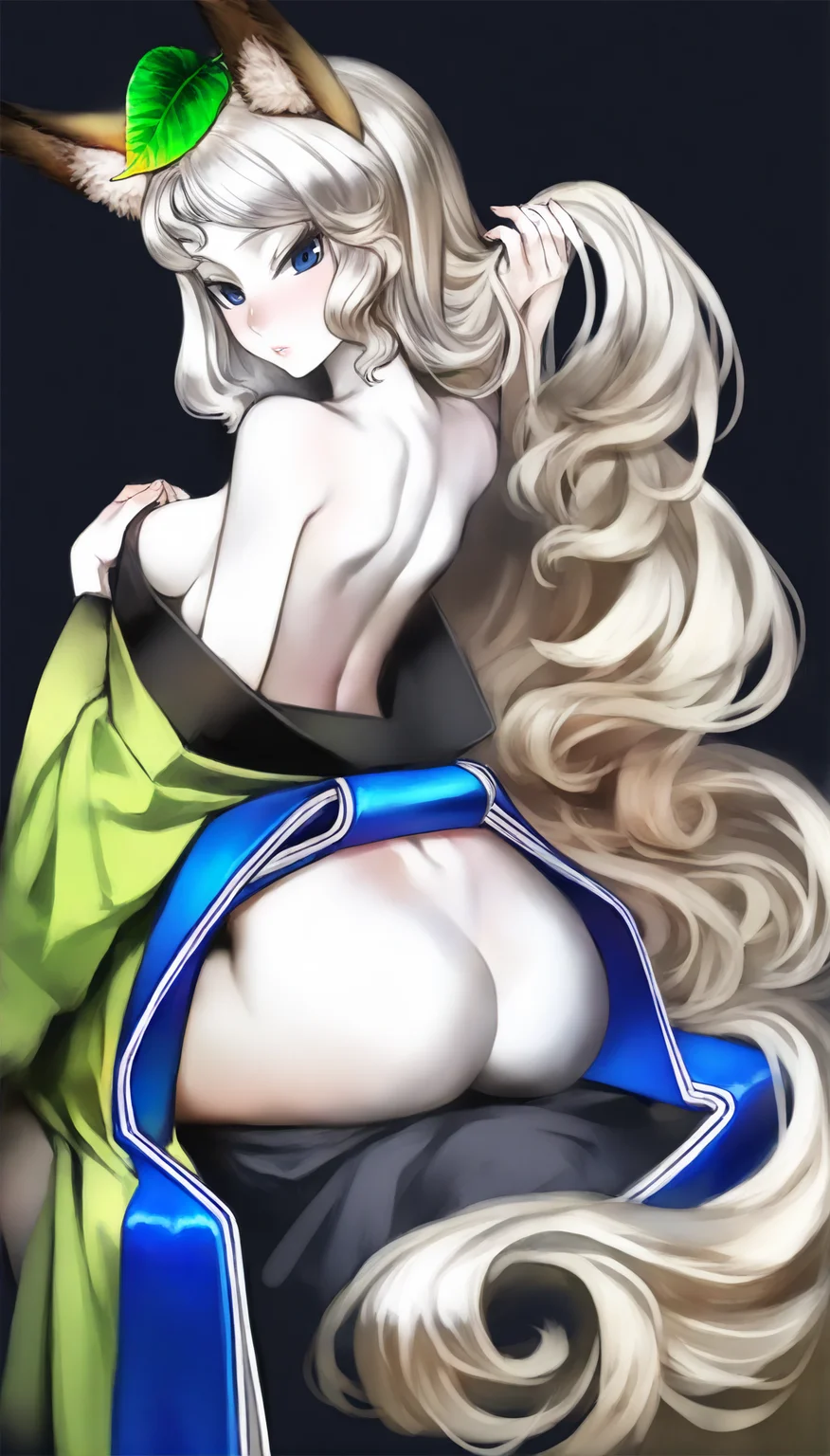 masterpiece,best quality,amazing quality,
<lora:yuzuruhaIL:1>,yuzuruha,
1girl, solo, pale skin, white hair, long hair, wavy hair, bangs, fox ears, a green leaf on head, blue eyes, looking at viewer, parted lips, topless, green kimono, blue obi belt, cowboy shot, back view, sitting, left holding breast, right hand adjusting hair, black background
