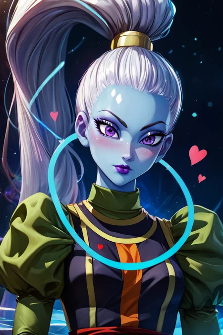 score_9, score_8_up, score_8, medium breasts, (curvy), cute, eyelashes, BREAK, , zzVados, long hair, ponytail, white hair, blue skin, hair pulled back, high ponytail, very long hair, purple eyes, long sleeves, puffy sleeves, sash, purple lips, dress, makeup, lipstick, <lora:Vados_DB_PDXL:0.8>, , BREAK, (ultra realistic,32k, masterpiece:1.2),(high detailed skin:1.1),( high quality:1.1), curvy, head tilt, hearts, blush, lips, closed mouth, curvy, head tilt, shiny clothes, (upper body), looking at viewer, bokeh, luminescent background, ,,, embedding:zPDXL, Expressiveh, ,,, <lora:RlAnmPDXL:1.0>,