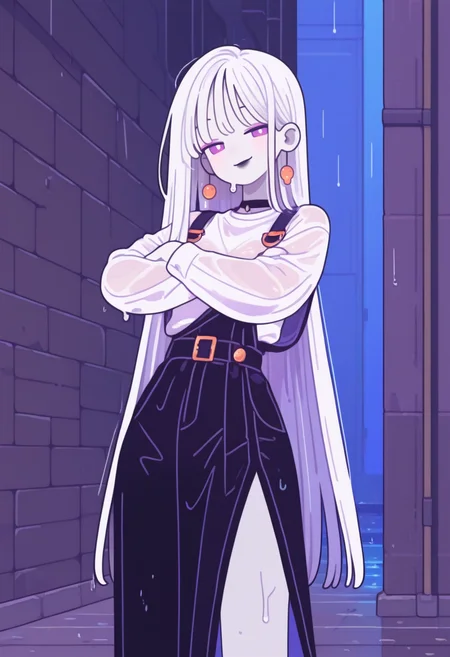 1girl, goth girl, (very pale skin, grey skin, white skin:1.4), eyeliner, eyeshadow, heavy makeup, looking at viewer, white hair, long hair, straight hair, seductive smile, black lipstick, pretty face, long hair, long sleeves, white shirt, black skirt, navel, sexy pose, wet clothes, see-through, black chocker, jewelry,public, leaning back, crossed arms, standing, brick wall, (grey bricks), dark alley, night time, , heavy-rain, rain, wet, cloudy, dark, water drop, overall blue lighting, neon glow, blue, Flatline, Flat vector illustration, Black outline, Vivid colors  <lora:NJ_Vector_Style:1>