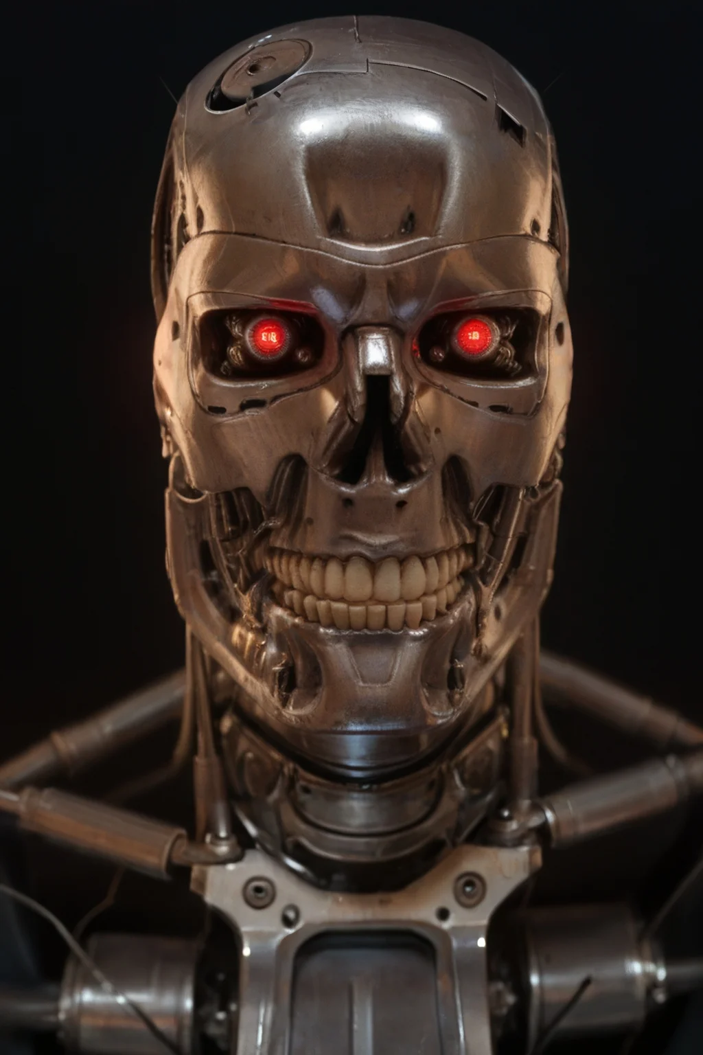 T800_Endo, Terminator robot, score_9, score_8_up, score_7_up, (source_IRL, source_movie), cinematic, realistic, masterpiece, high quality, highres RAW photo, ((close-up shot, close-up head shot, front view))
((an UpgradedT800_Endo Terminator Robot)) with red eyes, he is made of metal, he is made of shiny chrome metal, new, clean, <lora:T800_Endo_Terminator_Pony_v1-000013:1>
(standing)
black background
dynamic lighting, highly detailed, intricate details