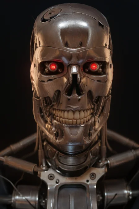 T800_Endo, Terminator robot, score_9, score_8_up, score_7_up, (source_IRL, source_movie), cinematic, realistic, masterpiece, high quality, highres RAW photo, ((close-up shot, close-up head shot, front view))
((an UpgradedT800_Endo Terminator Robot)) with red eyes, he is made of metal, he is made of shiny chrome metal, new, clean, <lora:T800_Endo_Terminator_Pony_v1-000013:1>
(standing)
black background
dynamic lighting, highly detailed, intricate details