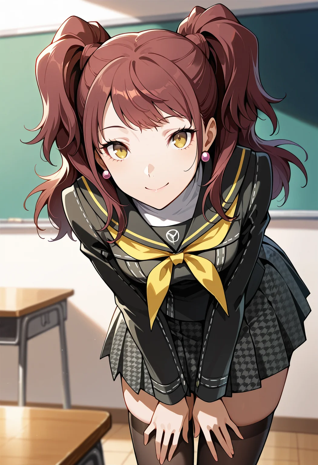 (masterwork, masterpiece, best quality, hyper-detailed),
1 girl, solo,
p4rise, kujikawa rise, twintails, long hair, brown hair, earrings
p4rise-winuni, yasogami school uniform, serafuku, long sleeves, black shirt, white turtleneck, school uniform, pleated skirt, houndstooth, thighhighs, zettai ryouiki,
classroom, standing, looking at viewer, smile, cowboy shot, v arms, cute pose, leaning forward,