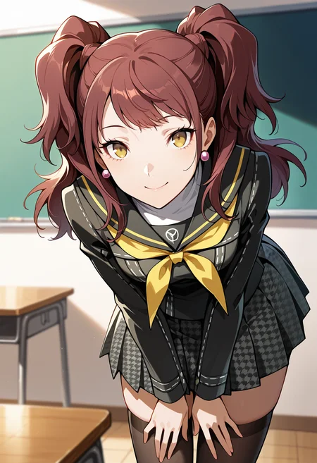 (masterwork, masterpiece, best quality, hyper-detailed),
1 girl, solo,
p4rise, kujikawa rise, twintails, long hair, brown hair, earrings
p4rise-winuni, yasogami school uniform, serafuku, long sleeves, black shirt, white turtleneck, school uniform, pleated skirt, houndstooth, thighhighs, zettai ryouiki,
classroom, standing, looking at viewer, smile, cowboy shot, v arms, cute pose, leaning forward,