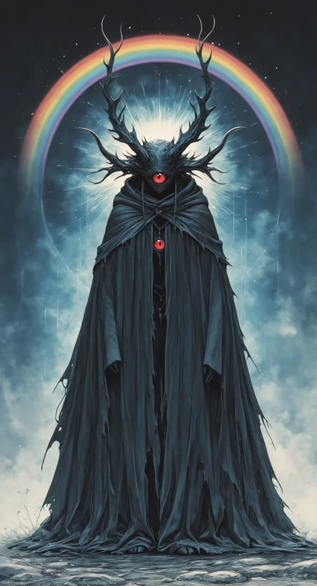 masterpiece, best quality, amazing quality, solo, looking at viewer, 1boy, standing, full body, male focus, horns, 1other, cloak, one-eyed, rainbow, Studio Ghibli Dark Fairytale <lora:noobai_ep11_stabilizer_v0.138_fp16:0.3> <lora:NOOB_vp1_detailer_by_volnovik_v1:0.3> <lora:Dark_Ghibli:0.8>