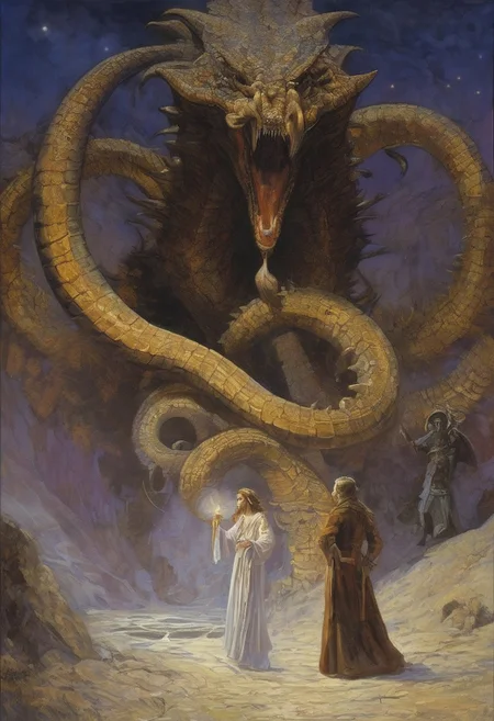 style of Ted Nasmith, score_9, score_8_up, score_8_up, ng_deepnegative_v1_75t, photo, realistic,
chuck lukacs:1.1", "frank frazetta:1.3", "artgerm:1.4", "jae cheol park \(valentina kallias\):1.3", "Jean-Franois Millet", "Gustave Courbet", "Jules Breton", "Oil painting,
the Binding of the Thorned Serpent, a perilous ritual held once a century when the stars vanish behind the veil of darkness. At the center of the Deadwood Vale, acolytes and high priests use forbidden magic to tether a celestial serpent to their will, amidst chants and sacrificial offerings
,oil painting, traditional media, realistic, moonlight, close up, fantasy style", "dark fantasy, <lora:add-detail-xl:2>
, masterpiece, PYS-XL,
