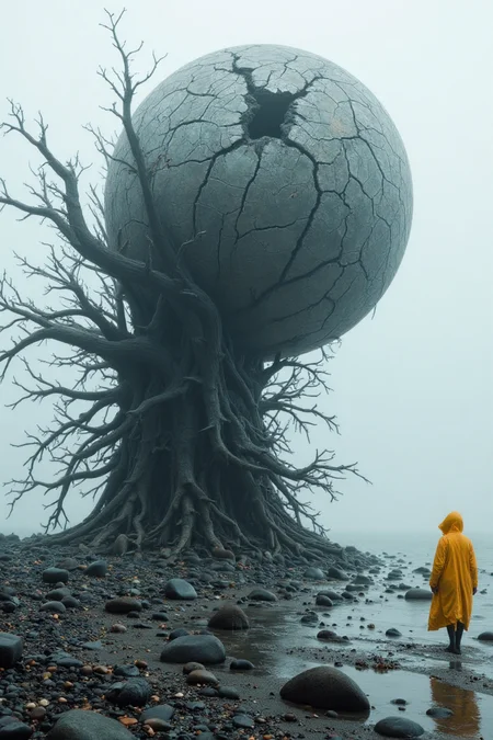 A surreal digital artwork of a foggy beach with a massive, cracked sphere disintegrating into fragments of rocks, debris, and smaller spheres. The sphere is partially dissolving from its base, creating a sense of erosion and transformation. From the core, a swirling mass of dark, organic, and jagged roots extends upward in a dynamic wave-like formation. The roots form intricate patterns and textures with sharp, elongated spikes radiating outward. As the roots extend upward, they transition into a large, spherical fragment with visible cracks and fractured surfaces, further breaking apart into numerous small rocks, pebbles, and particles that spread outward. On the right side of the image, a full-body female figure is standing in bright yellow raincot.Midjourney_Whisper
