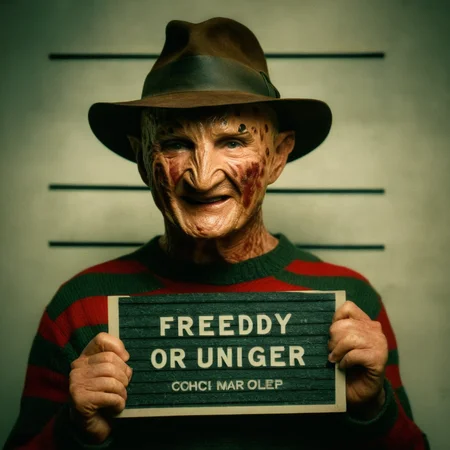 cinematic film still of <lora:Mugshots style:0.8> (((mugshot wall)))
A Mugshot photo of freddy krueger a man in a hat holding a sign behind a mugshot wall,solo,smile,shirt,1boy,hat,holding,male focus,striped,english text,facial hair,meme,striped shirt , mugshot style <lora:Freddy Krueger:1>, shallow depth of field, vignette, highly detailed, high budget, bokeh, cinemascope, moody, epic, gorgeous, film grain, grainy