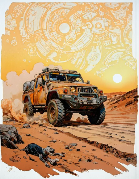 A digitally illustrated drawing in comic book style.
A rugged, off-road vehicle, specifically a modified military-style truck, painted in a dusty, earthy tone, with large, aggressive tires and a heavily armored body. The truck is in motion, kicking up a cloud of dust as it navigates through a desolate, intricate Sahara landscape at sunset.  <lora:Comic_book_opus_IVb:0.25>