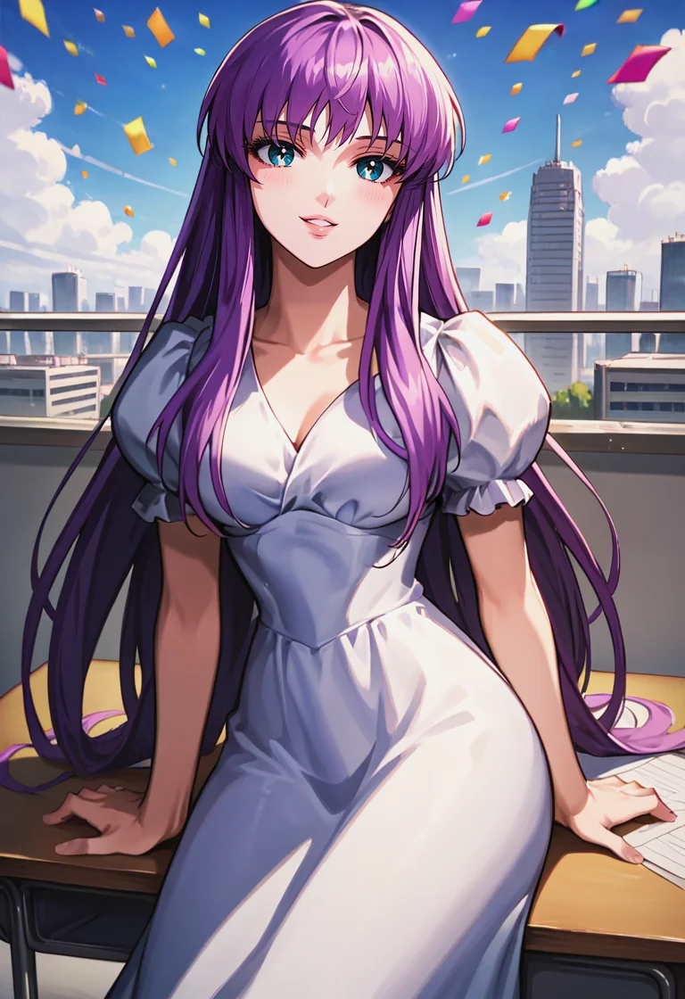 score_9, score_8_up, score_7_up, best quality, intricate details, source anime, rating explicit, BREAK
sitting on desk, desk, love gaze, blush, parted lips, light smile, head tilt,
athenakido, purple hair, long hair, aqua eyes, dress, puffy sleeves, <lora:SaoriKido_Pony_v02-10:1>
confetti, city, blue sky