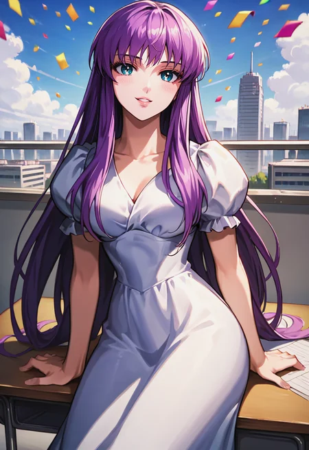 score_9, score_8_up, score_7_up, best quality, intricate details, source anime, rating explicit, BREAK
sitting on desk, desk, love gaze, blush, parted lips, light smile, head tilt,
athenakido, purple hair, long hair, aqua eyes, dress, puffy sleeves, <lora:SaoriKido_Pony_v02-10:1>
confetti, city, blue sky