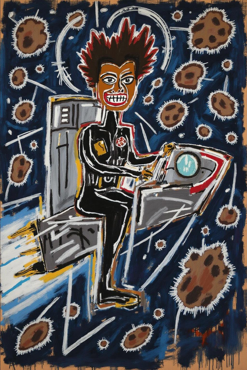 basquiat1 painting.
A woman wearing a futuristic yet retro uniform, confidently steers her gleaming chrome spacecraft through a dense field of asteroids 
 <lora:basquiat1_cap_d6a3e11:1.0><lora:835170603037134038:0>