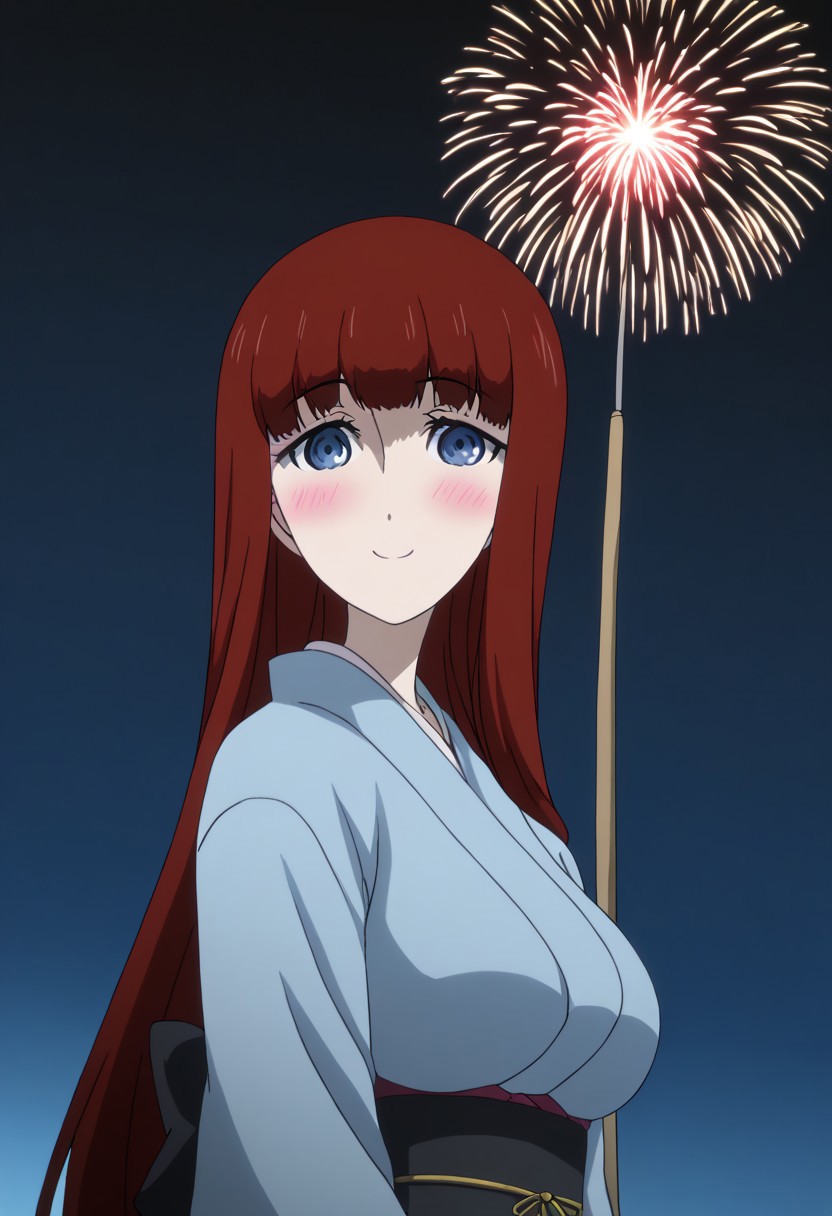 rating_safe, Ultra-high-detailed Anime illustration of Kagari Shiina from Anime Steins;Gate 0. 
The artwork features Kagari in a solo, standing position with a outdoors, flield, and night background. night time. night. stars.
She is depicted with intricate details showcasing her large breasts, natural_breasts. She is a white skinned, 22 years old woman. Kagari is looking_at_viewer with perfect_eyes, Her pupils are highly detailed. The eyes are open. blue eyes. Kagari's eyes are highlighted. Highlighted eyevrows. 
She has long hair, red colored hair, styled in blunt bangs and floating hair.
She is wearing a blue kimono and black shoes. japanese kimono, kimono.
The artistic style is intricate_details_xl with a focus on Anime art. The color palette emphasizes red and black with detailed strokes to bring out the character's features. The lighting creates dramatic shadows and highlights, adding depth to the artwork. The perspective is from a face focus, dutch angle to enhance the impact of the character's expression. This masterpiece is a true portrayal of Kagari's complex personality and will captivate any fan of Kagari. uncensored, upper body, blushing, smile, Kagari Shiina,
perfecteyes,
<lora:Steins_Gate:1>
kimono
happy new year!, Happy New Year fireworks, Happy New Years, golden colored fireworks