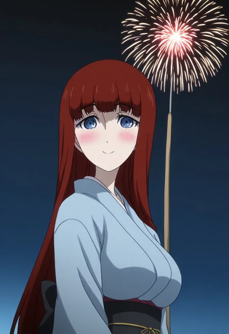 rating_safe, Ultra-high-detailed Anime illustration of Kagari Shiina from Anime Steins;Gate 0. 
The artwork features Kagari in a solo, standing position with a outdoors, flield, and night background. night time. night. stars.
She is depicted with intricate details showcasing her large breasts, natural_breasts. She is a white skinned, 22 years old woman. Kagari is looking_at_viewer with perfect_eyes, Her pupils are highly detailed. The eyes are open. blue eyes. Kagari's eyes are highlighted. Highlighted eyevrows. 
She has long hair, red colored hair, styled in blunt bangs and floating hair.
She is wearing a blue kimono and black shoes. japanese kimono, kimono.
The artistic style is intricate_details_xl with a focus on Anime art. The color palette emphasizes red and black with detailed strokes to bring out the character's features. The lighting creates dramatic shadows and highlights, adding depth to the artwork. The perspective is from a face focus, dutch angle to enhance the impact of the character's expression. This masterpiece is a true portrayal of Kagari's complex personality and will captivate any fan of Kagari. uncensored, upper body, blushing, smile, Kagari Shiina,
perfecteyes,
<lora:Steins_Gate:1>
kimono
happy new year!, Happy New Year fireworks, Happy New Years, golden colored fireworks