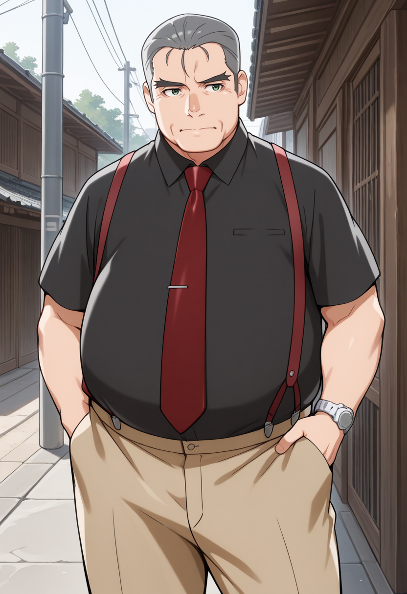 best quality, masterpiece, very awa, 1boy, ooishi kuraudo, solo, male focus, old man, fat man, plump, belly, short hair, grey hair, hair slicked back, green eyes, black shirt, brown pants, wristwatch, red necktie, suspenders, contrapposto, outdoors, newest, 8k, amazing quality, very aesthetic, absurdres, <lora:ooishi_ilxl_2-000021:1>