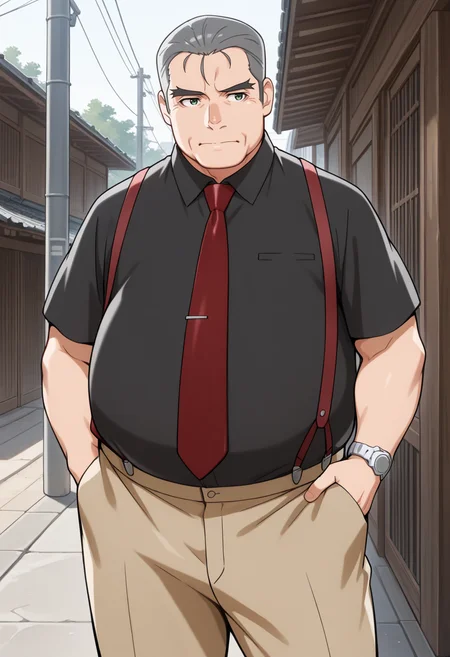 best quality, masterpiece, very awa, 1boy, ooishi kuraudo, solo, male focus, old man, fat man, plump, belly, short hair, grey hair, hair slicked back, green eyes, black shirt, brown pants, wristwatch, red necktie, suspenders, contrapposto, outdoors, newest, 8k, amazing quality, very aesthetic, absurdres, <lora:ooishi_ilxl_2-000021:1>