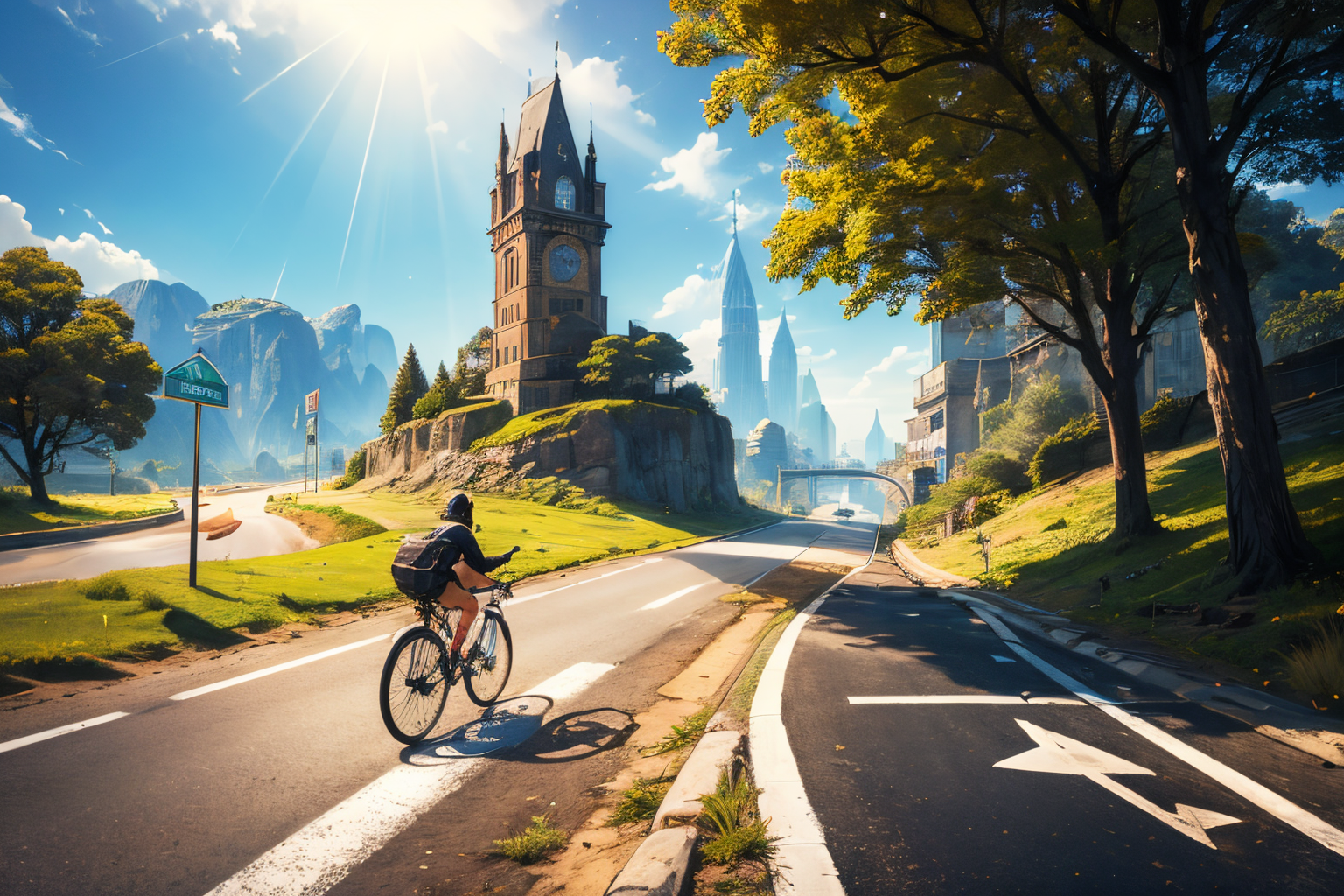 (Realistic:1.5) animal, cliff, road sign, ground vehicle, looking at viewer, fantasy, sunbeam, knife, from behind, crosswalk, field, open mouth, bare tree, walking, bicycle, dappled sunlight, tongue out, tower, reflection, road sign, <lora:EdobSyFyHorrorFairyTale_v1.0:0.8>
